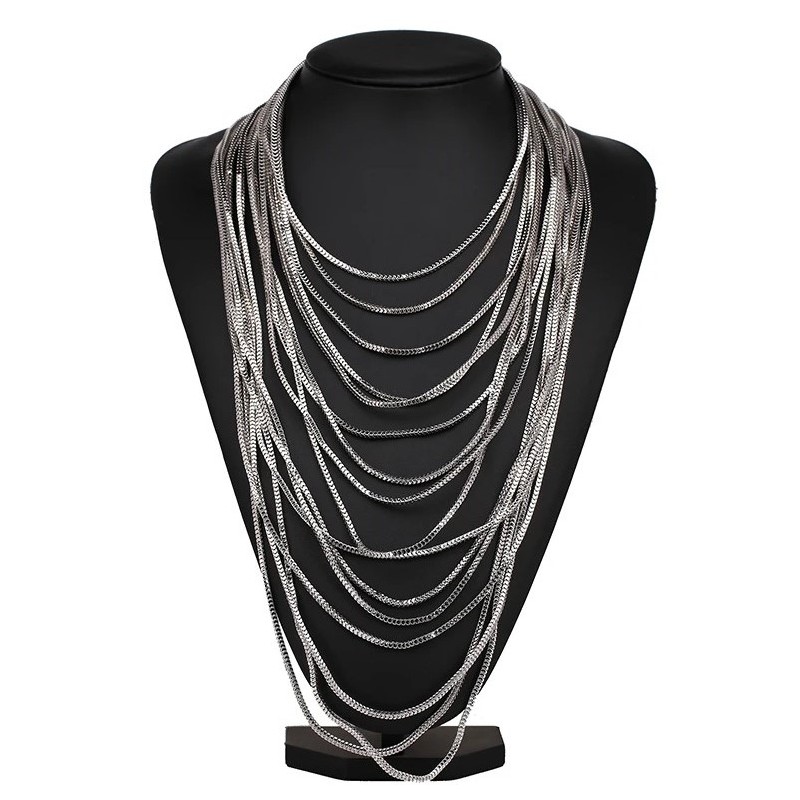 Naszyjnik długi łańcuchy srebrny, warstwowy i efektowny N175 - obrazek 3