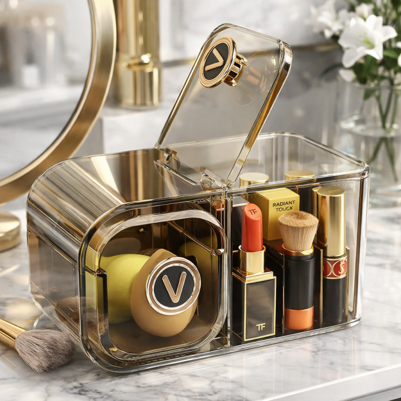 Organizer na kosmetyki szafeczka z przegródkami i szufladką, brązowy CB36 - obrazek 2