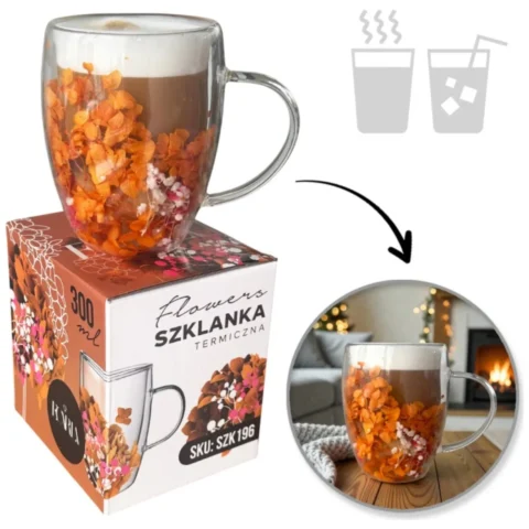 Szklanka termiczna z kwiatami w środku, gipsówka, hortensje, pomarańczowy róż 300 ml 1szt SZK196