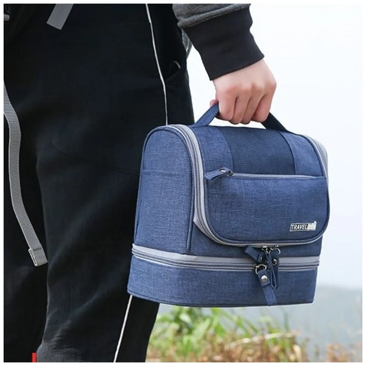 Wodoodporna rozkładana kosmetyczka podróżna 2-poziomowa 25x21 cm granatowa - obrazek 2