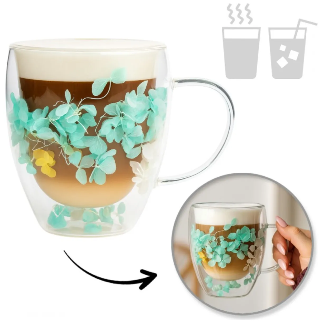 Szklanka termiczna z kwiatami w środku, hortensje zielone 300 ml 1szt SZK179ZIE
