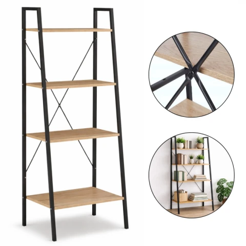 Loftowy wielofunkcyjny 4-poziomowy regał, czarny 60 x 35 x 147cm, blat jasny brąz SZ51JBR