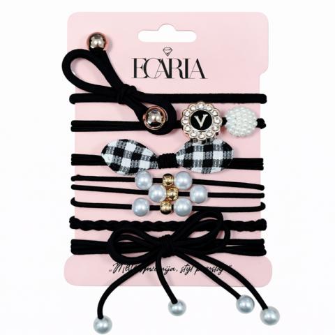 Zestaw frotek gumek 6w1 na plakietce, czarne kokardki z perełkami kratka GUM181