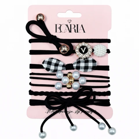 Zestaw frotek gumek 6w1 na plakietce, czarne kokardki z perełkami kratka GUM181