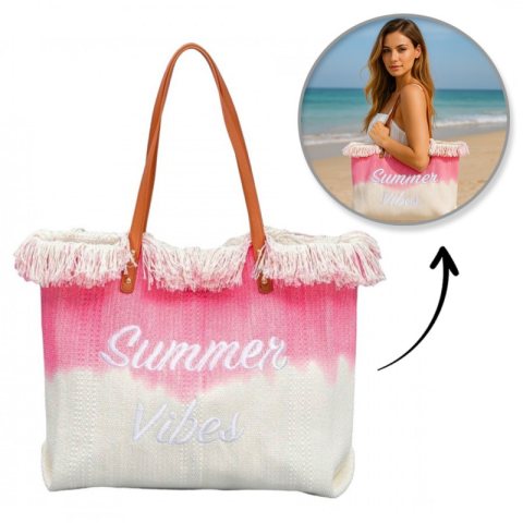 TORBA PLAŻOWA wakacyjna BOHO z frędzlami różowa ombre, na zakupy TP14R
