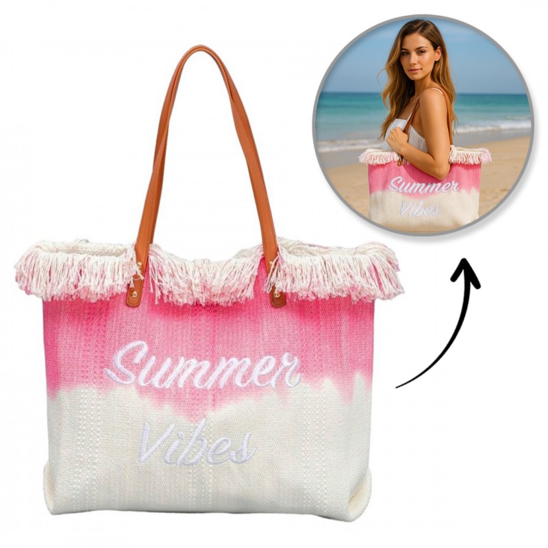 TORBA PLAŻOWA wakacyjna BOHO z frędzlami różowa ombre, na zakupy TP14R