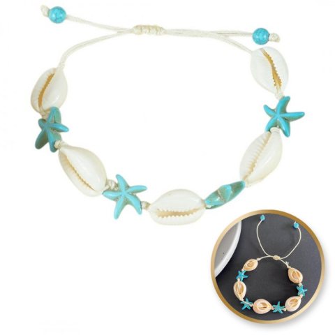 Bransoletka 2w1 na stopę i rękę na sznurku, MUSZELKI i ROZGWIAZDY B543N