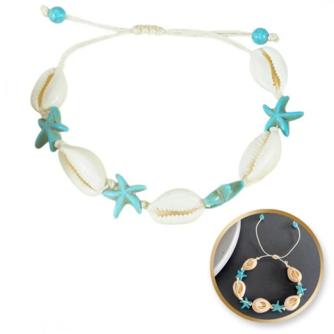 Bransoletka 2w1 na stopę i rękę na sznurku, MUSZELKI i ROZGWIAZDY B543N