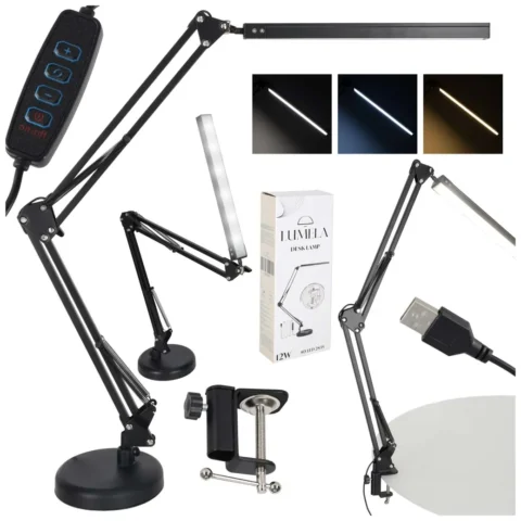 Lampka na biurko biurkowa LED USB obrotowy wysięgnik 2 sposoby mocowania