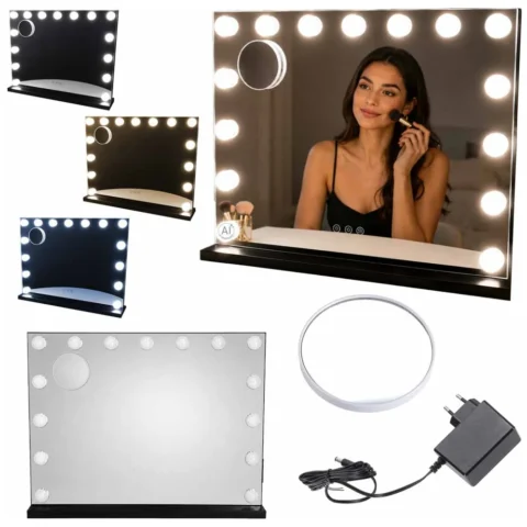 Lusterko do makijażu LED z 15 żarówkami kosmetyczne zoom x10 regulacja jasności