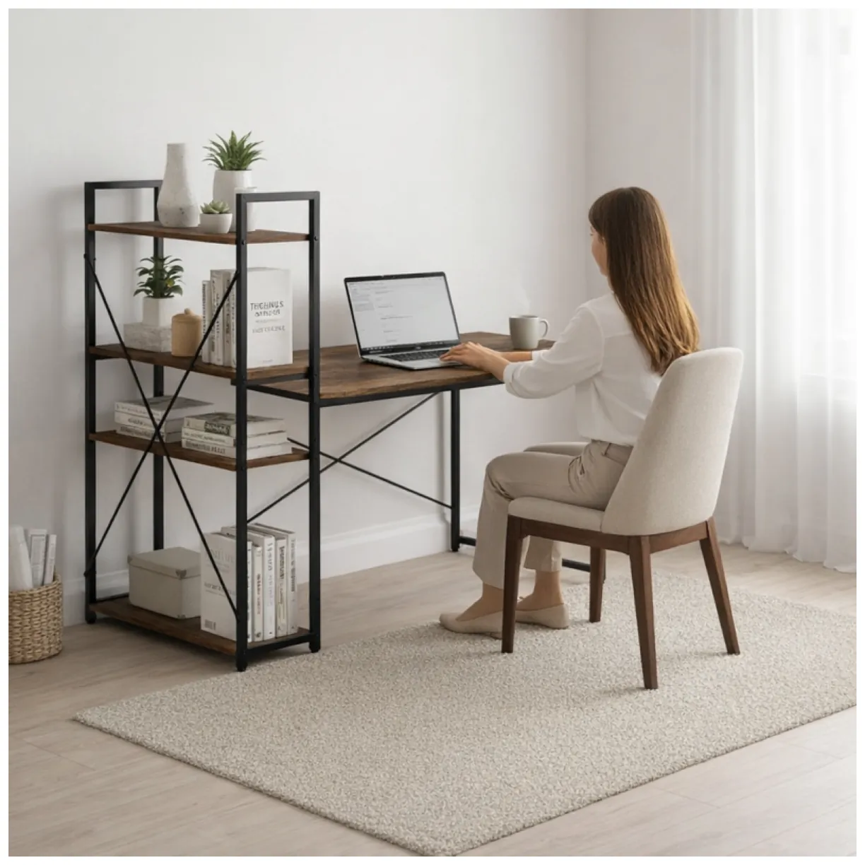 Loftowe biurko komputerowe z regałem, półkami, 120 x 60cm, czarne, brązowy blat STL24BR - obrazek 2