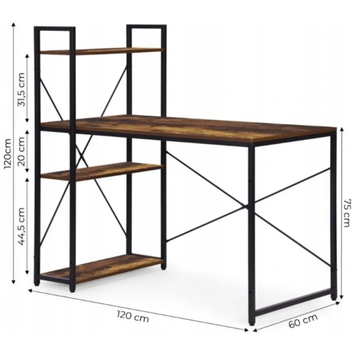 Loftowe biurko komputerowe z regałem, półkami, 120 x 60cm, czarne, brązowy blat STL24BR - obrazek 7