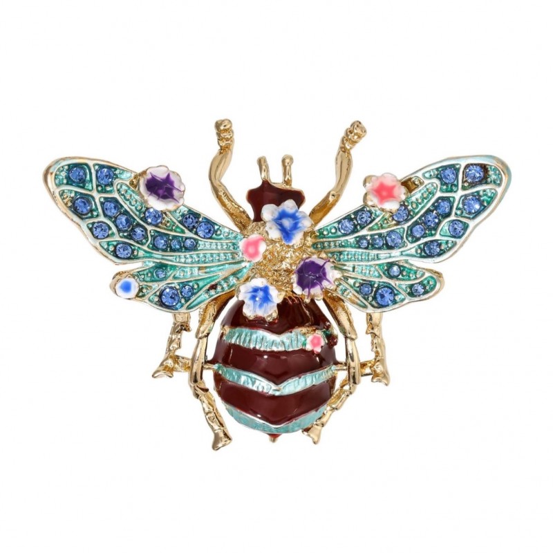 Broszka ozdobna kryształki turkusowy chrabąszcz kwiaty BZ189 - obrazek 2
