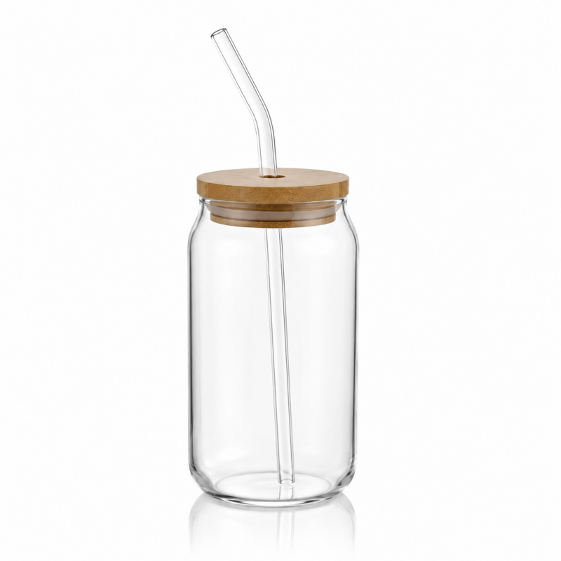 Szklanka 350ml z rurka i drewnianą przykrywka 1szt. do kawy, koktajli SZK210 - obrazek 2