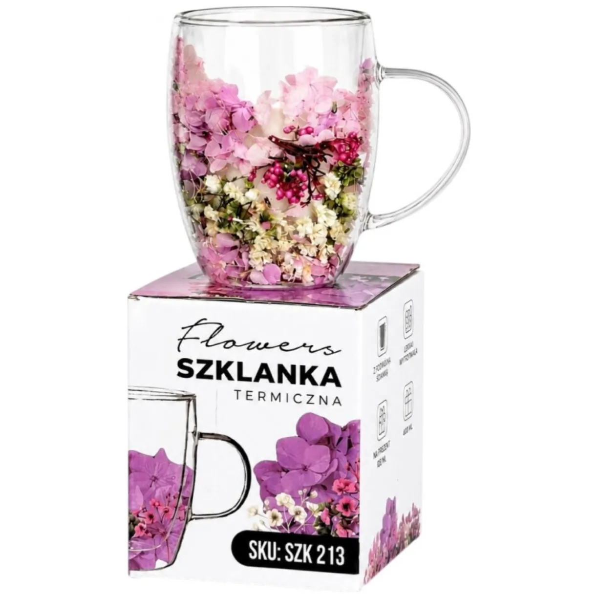 Szklanka termiczna z kwiatami w środku, wrzos, różowa hortensja 300 ml 1szt SZK213 - obrazek 2