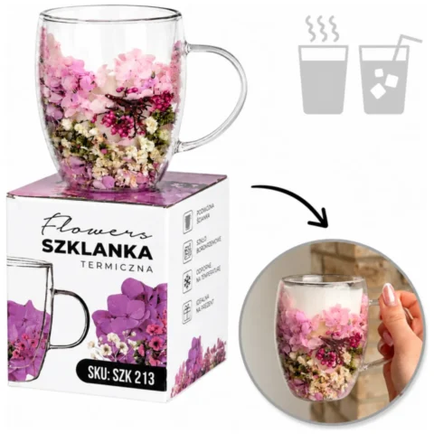 Szklanka termiczna z kwiatami w środku, wrzos, różowa hortensja 300 ml 1szt SZK213
