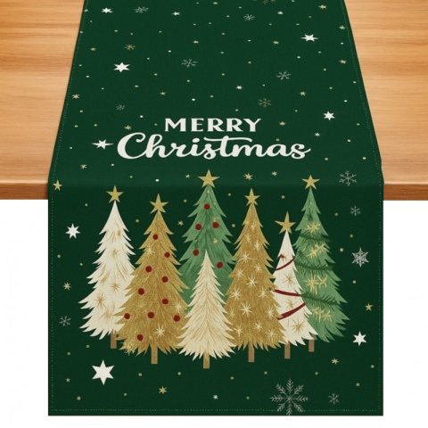Lniany bieżnik na stół bożonarodzeniowy, zielony, choinki 180 x 33cm BZK06