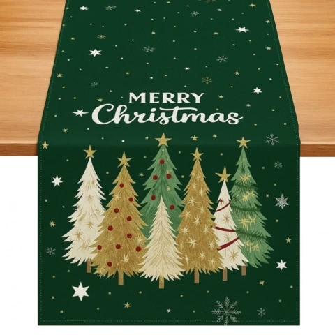 Lniany bieżnik na stół bożonarodzeniowy, zielony, choinki 180 x 33cm BZK06