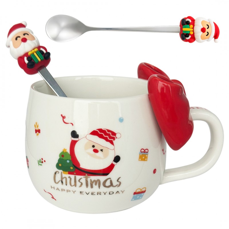 KUBEK ŚWIĄTECZNY Z KOKARDĄ - zestaw w pudełku z łyżeczką 400 ml KB25CZE - obrazek 2