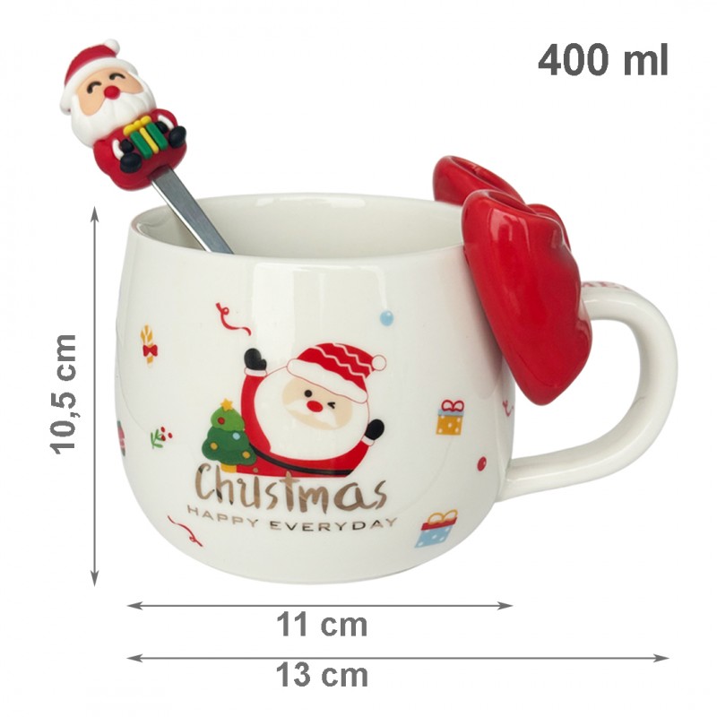 KUBEK ŚWIĄTECZNY Z KOKARDĄ - zestaw w pudełku z łyżeczką 400 ml KB25CZE - obrazek 3