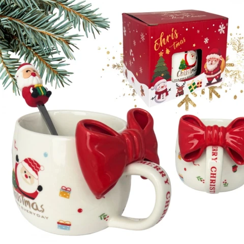 KUBEK ŚWIĄTECZNY Z KOKARDĄ - zestaw w pudełku z łyżeczką 400 ml KB25CZE