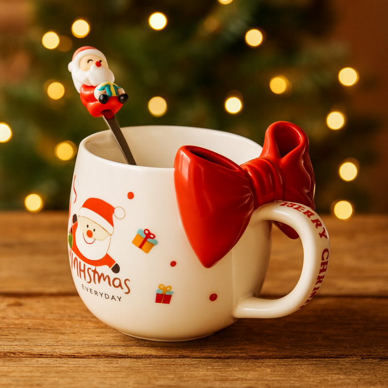 KUBEK ŚWIĄTECZNY Z KOKARDĄ - zestaw w pudełku z łyżeczką 400 ml KB25CZE - obrazek 7