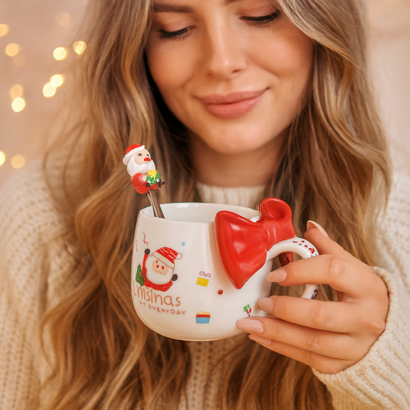 KUBEK ŚWIĄTECZNY Z KOKARDĄ - zestaw w pudełku z łyżeczką 400 ml KB25CZE - obrazek 8