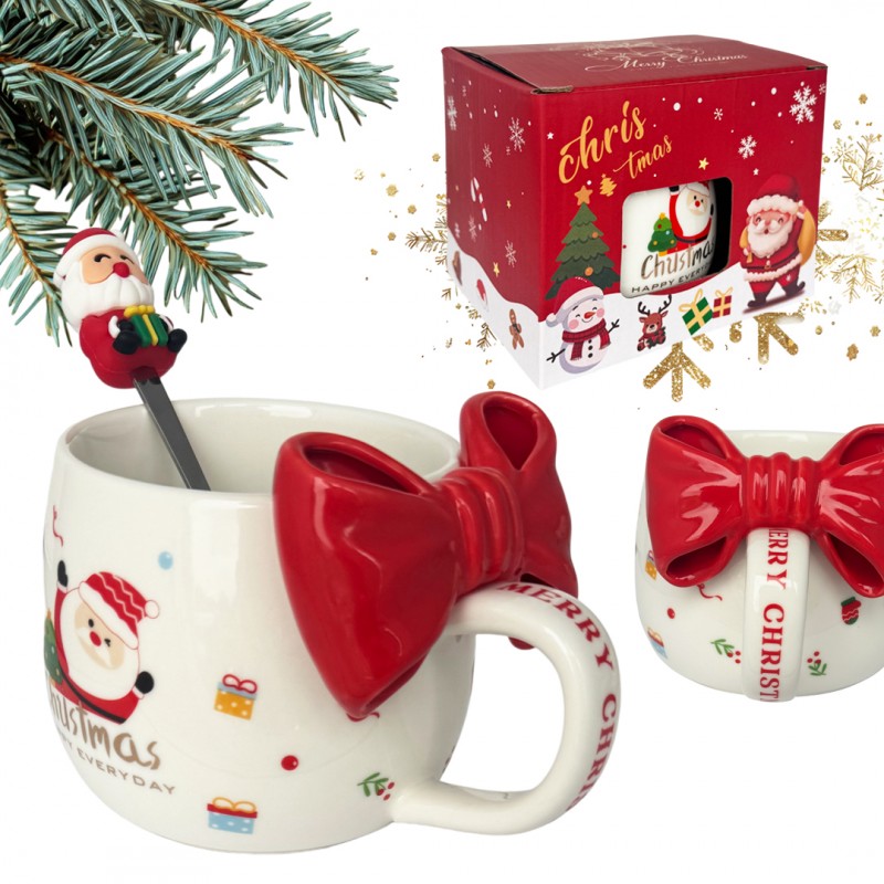 KUBEK ŚWIĄTECZNY Z KOKARDĄ - zestaw w pudełku z łyżeczką 400 ml KB25CZE