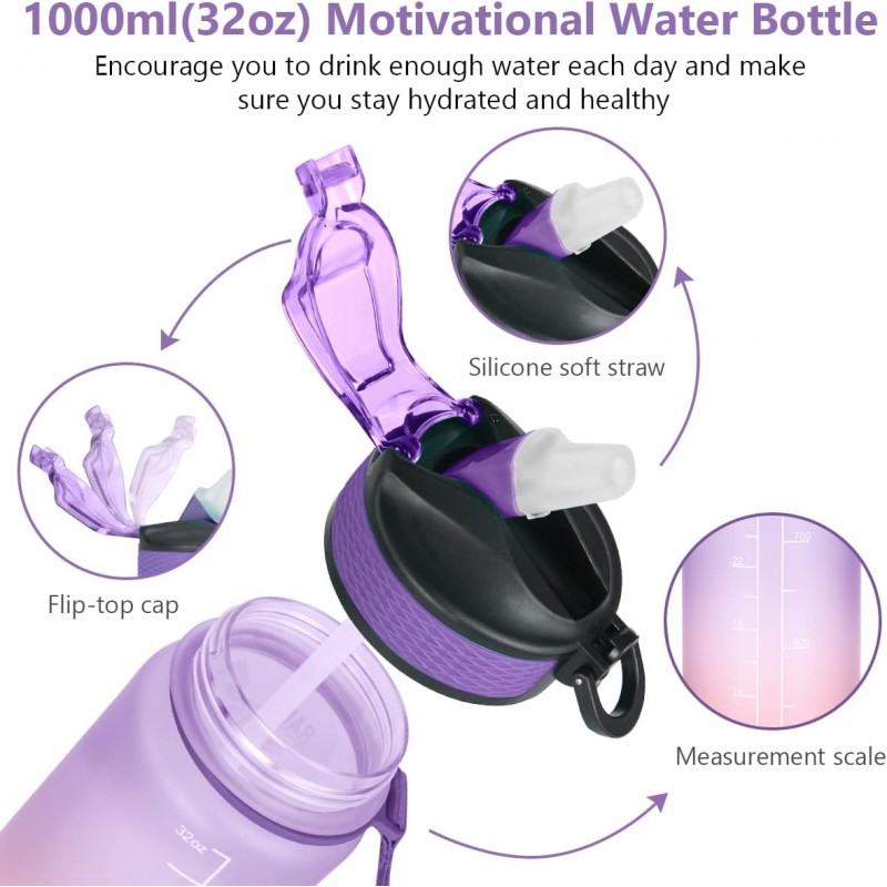 Butelka na wodę z miarką i słomką 1L OMBRE Fiolet z Koralem BD20 - obrazek 2