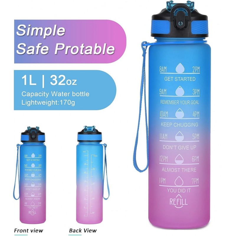 Butelka na wodę z miarką i słomką 1L OMBRE Fiolet z Koralem BD20 - obrazek 5