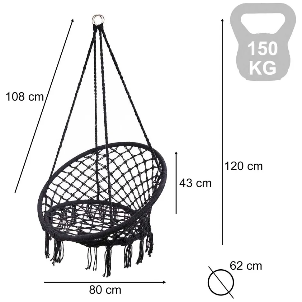 Fotel wiszący bocianie gniazdo huśtawka czarny 80 cm do 150 kg - obrazek 5