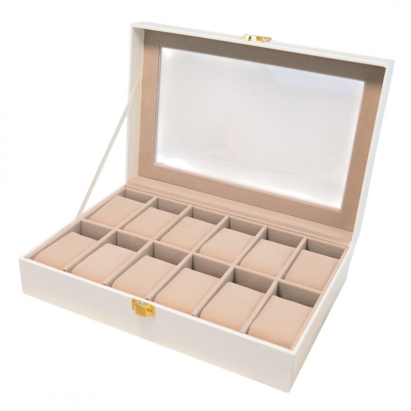 Szkatułka pudełko na zegarki na 12szt, biała ekoskóra 30 x 20 x 8cm PD154 - obrazek 2