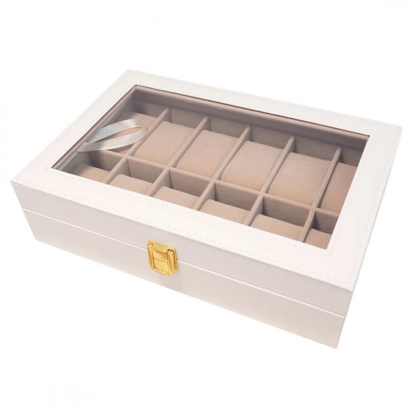 Szkatułka pudełko na zegarki na 12szt, biała ekoskóra 30 x 20 x 8cm PD154 - obrazek 3