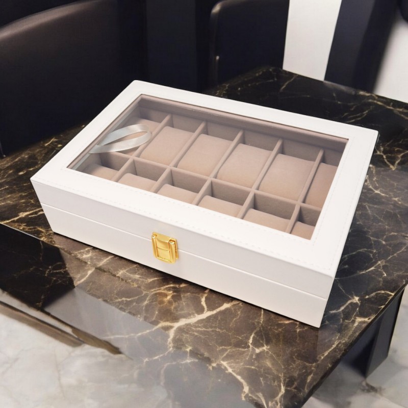 Szkatułka pudełko na zegarki na 12szt, biała ekoskóra 30 x 20 x 8cm PD154 - obrazek 4