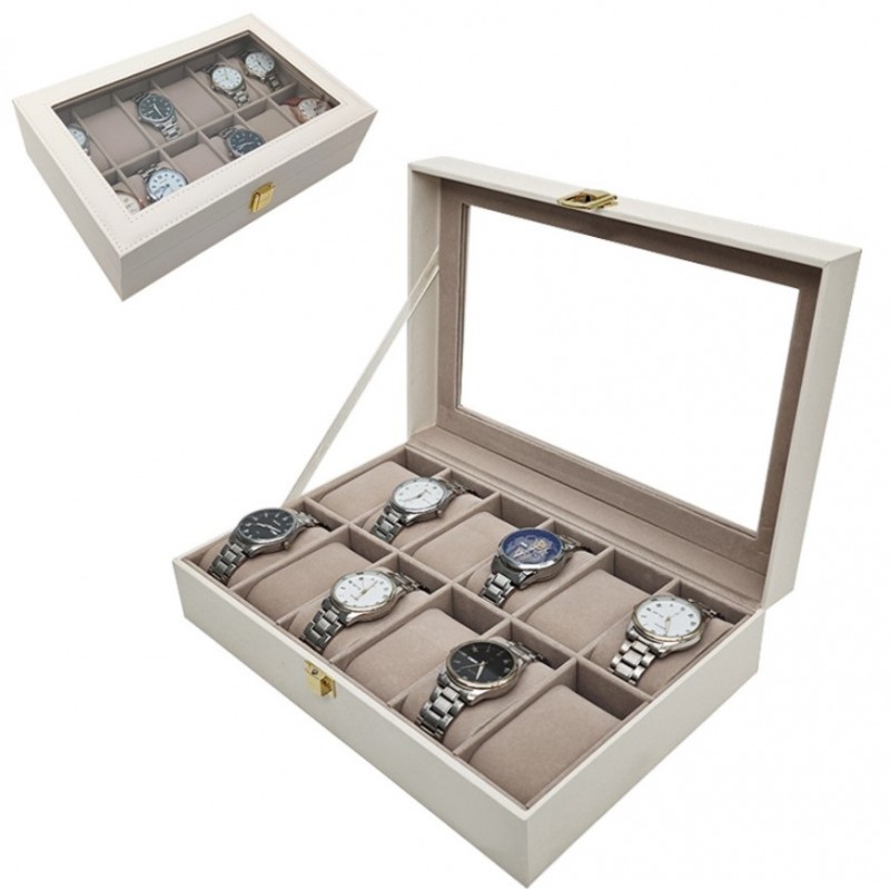 Szkatułka pudełko na zegarki na 12szt, biała ekoskóra 30 x 20 x 8cm PD154 - obrazek 5