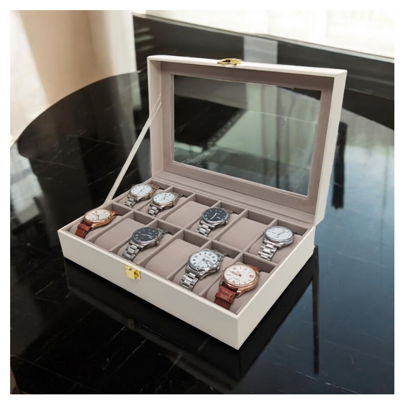 Szkatułka pudełko na zegarki na 12szt, biała ekoskóra 30 x 20 x 8cm PD154 - obrazek 6