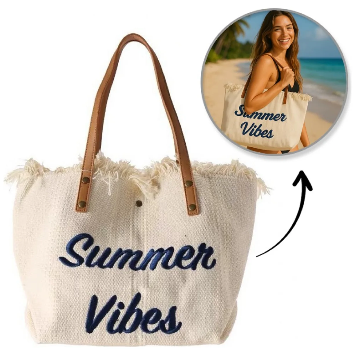 TORBA PLAŻOWA , na zakupy duża i pojemna z frędzlami BOHO, kremowa