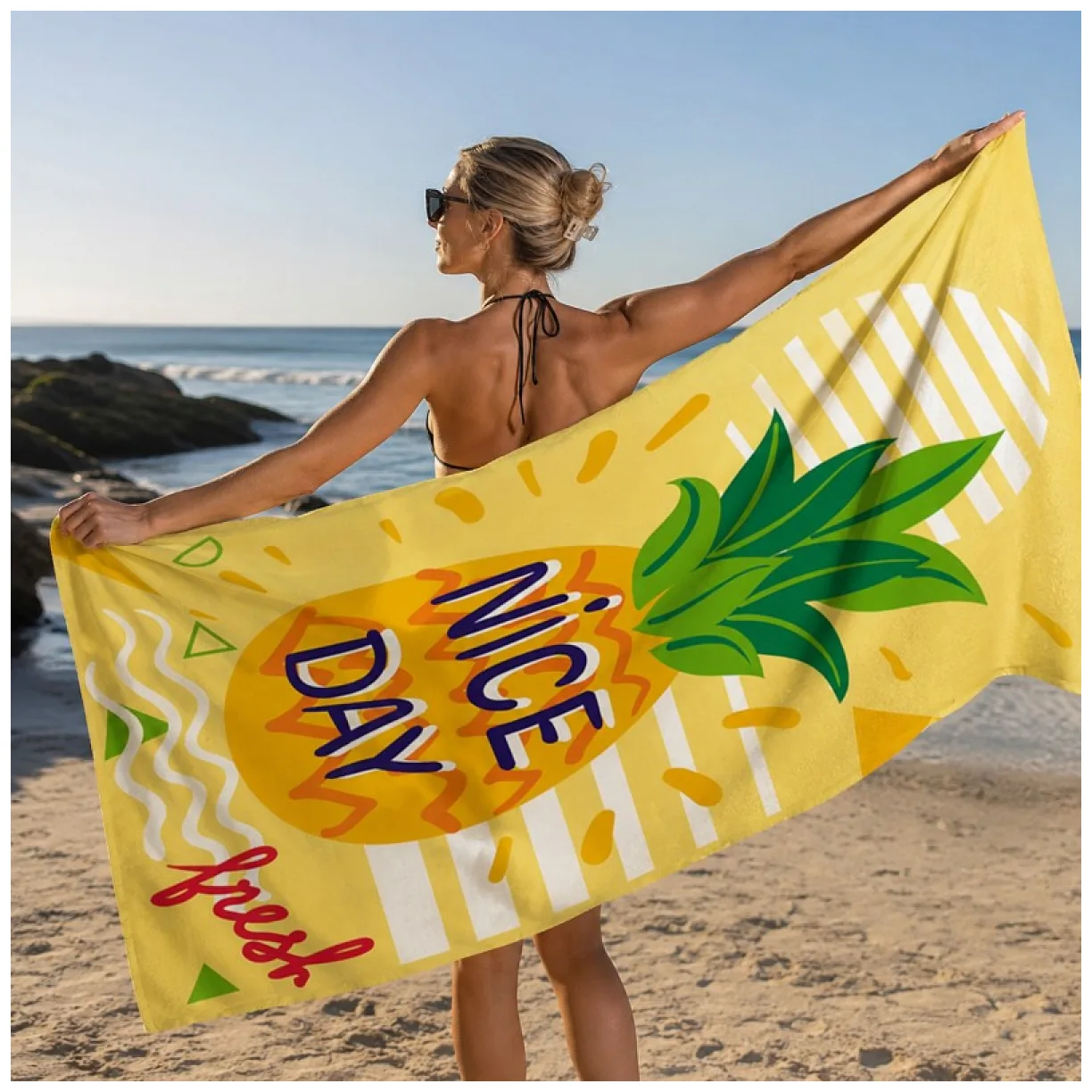 Ręcznik plażowy, na basen ANANAS, NICE DAY 150x70 żółty - obrazek 6