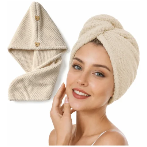 Ręcznik turban do włosów mikrofibra beżowy - bardzo chłonny kapturek