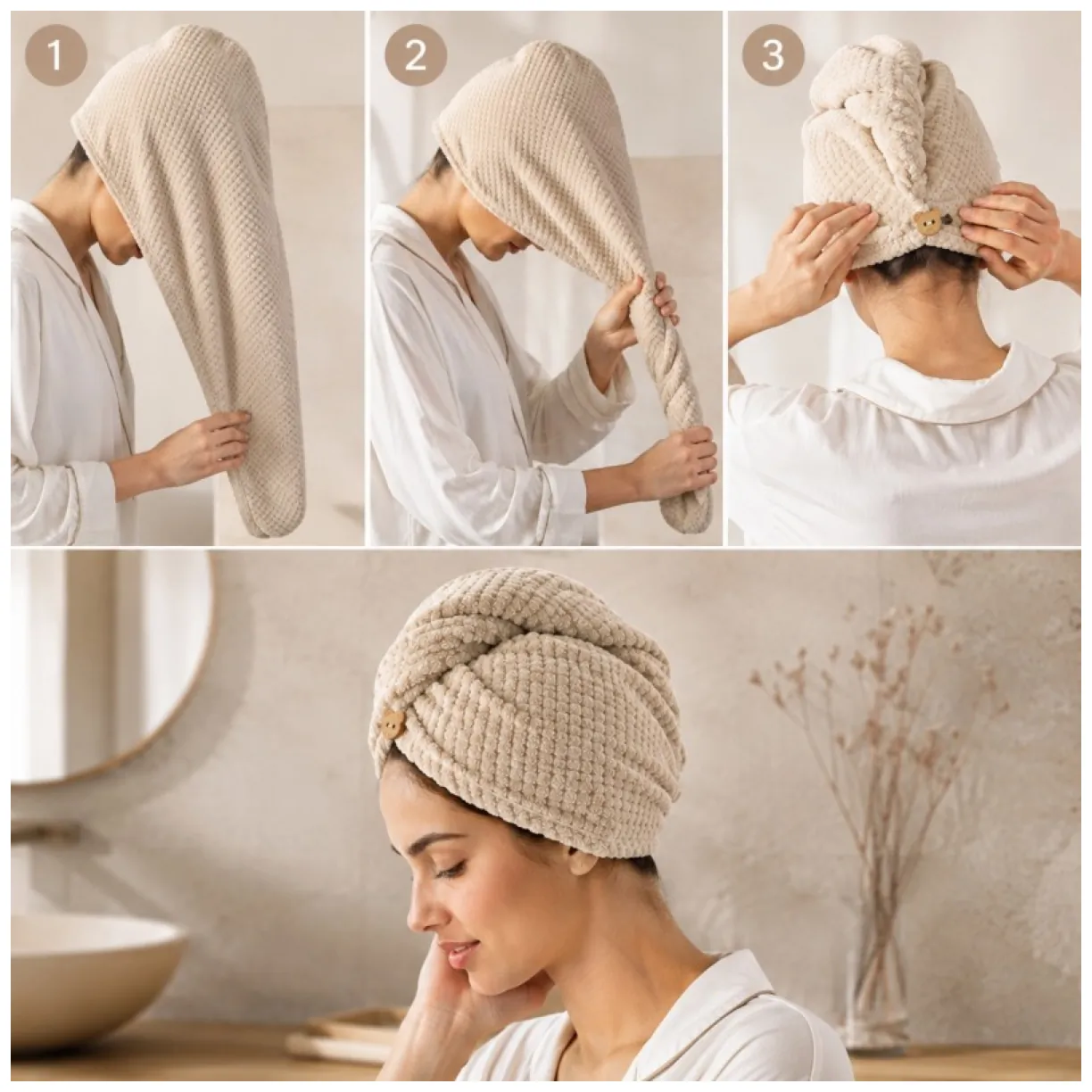 Ręcznik turban do włosów mikrofibra beżowy - bardzo chłonny kapturek - obrazek 8
