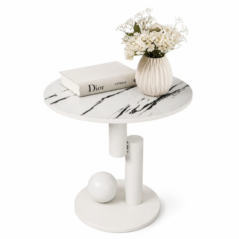 Stolik kawowy, pomocniczy, okrągły, biały marmur 50cm, KULA STL28B - obrazek 3