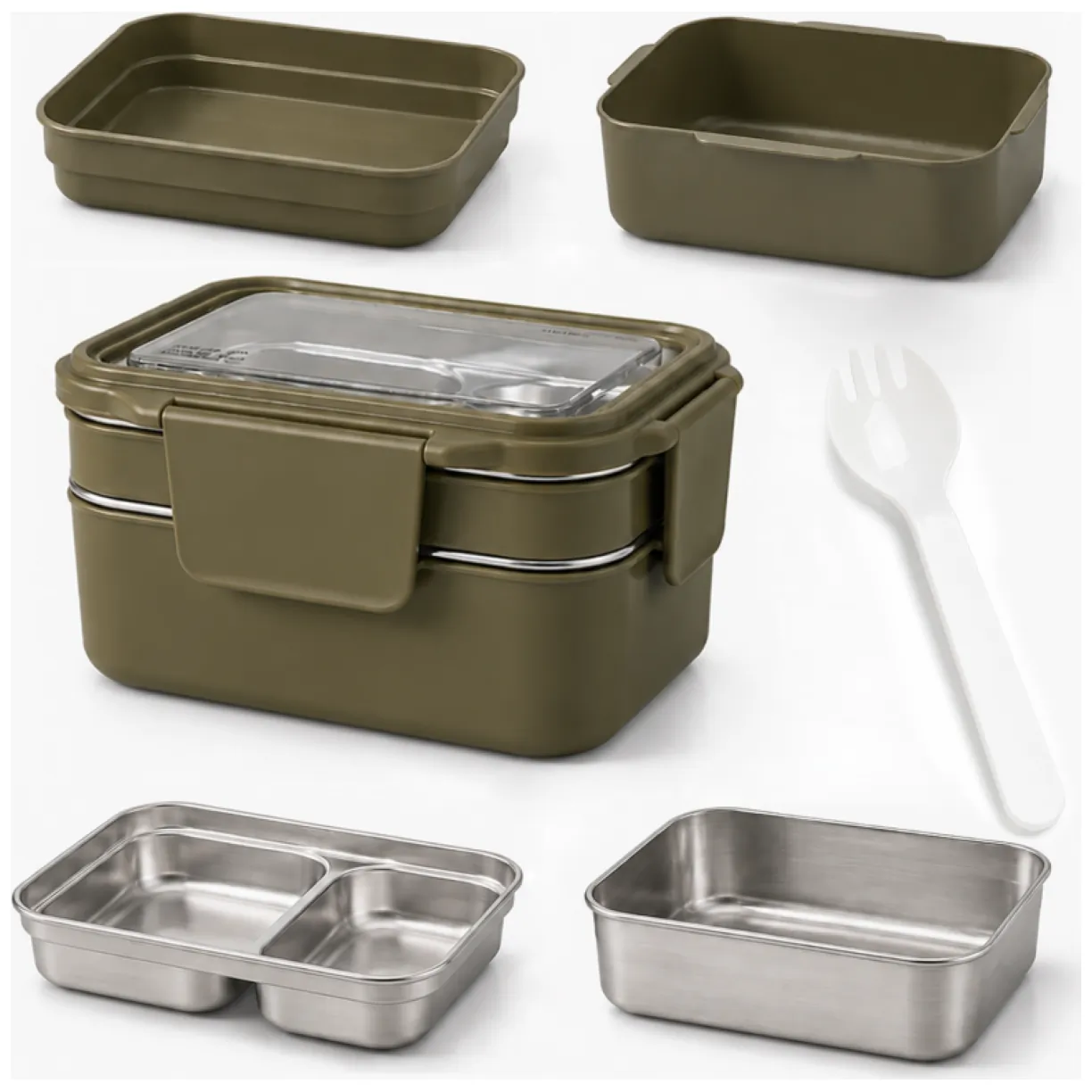 Śniadaniówka LUNCH BOX z widelcem, stal nierdzewna, 2 poziomy, zielony PJM50ZIE - obrazek 2