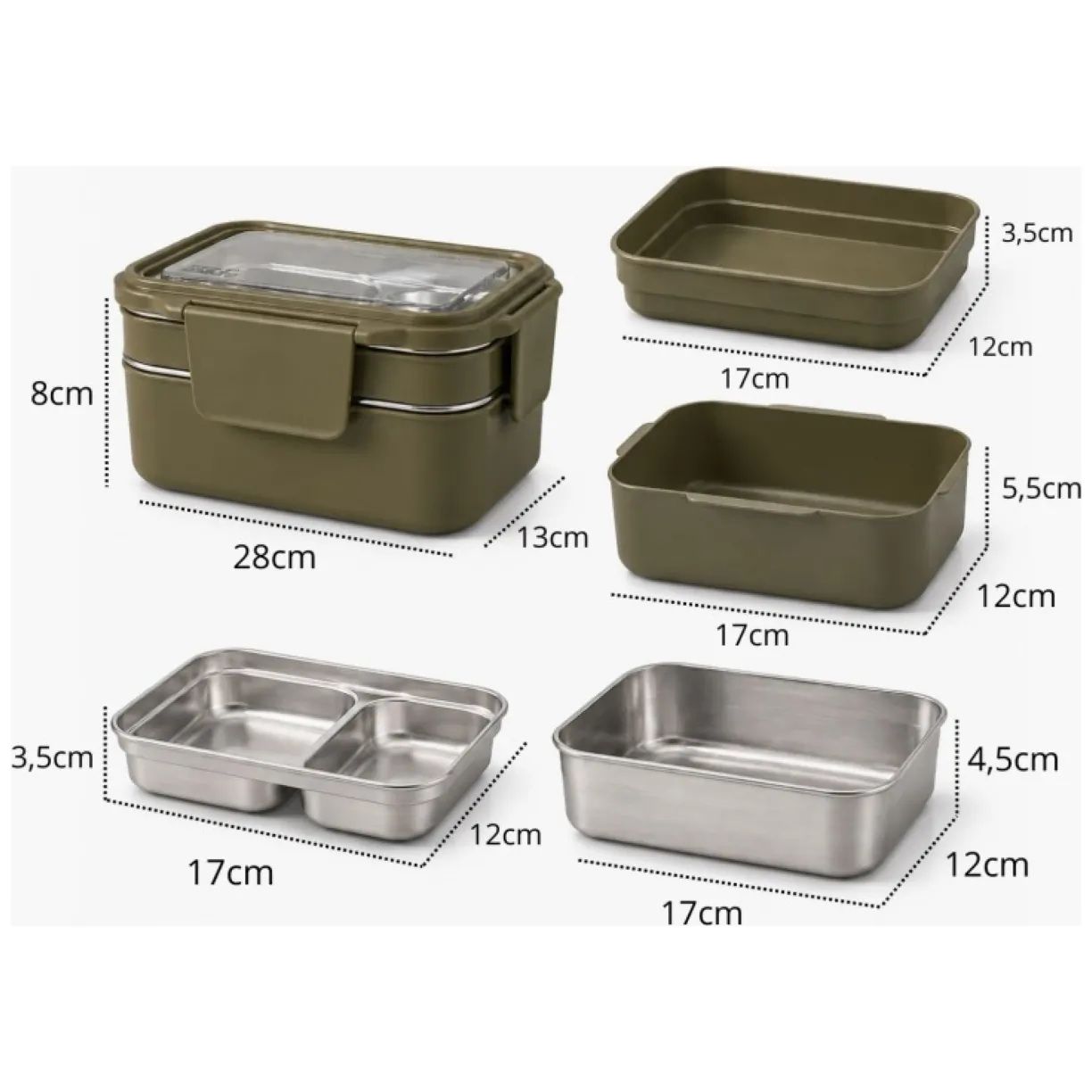 Śniadaniówka LUNCH BOX z widelcem, stal nierdzewna, 2 poziomy, zielony PJM50ZIE - obrazek 4