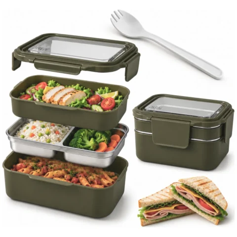 Śniadaniówka LUNCH BOX z widelcem, stal nierdzewna, 2 poziomy, zielony PJM50ZIE
