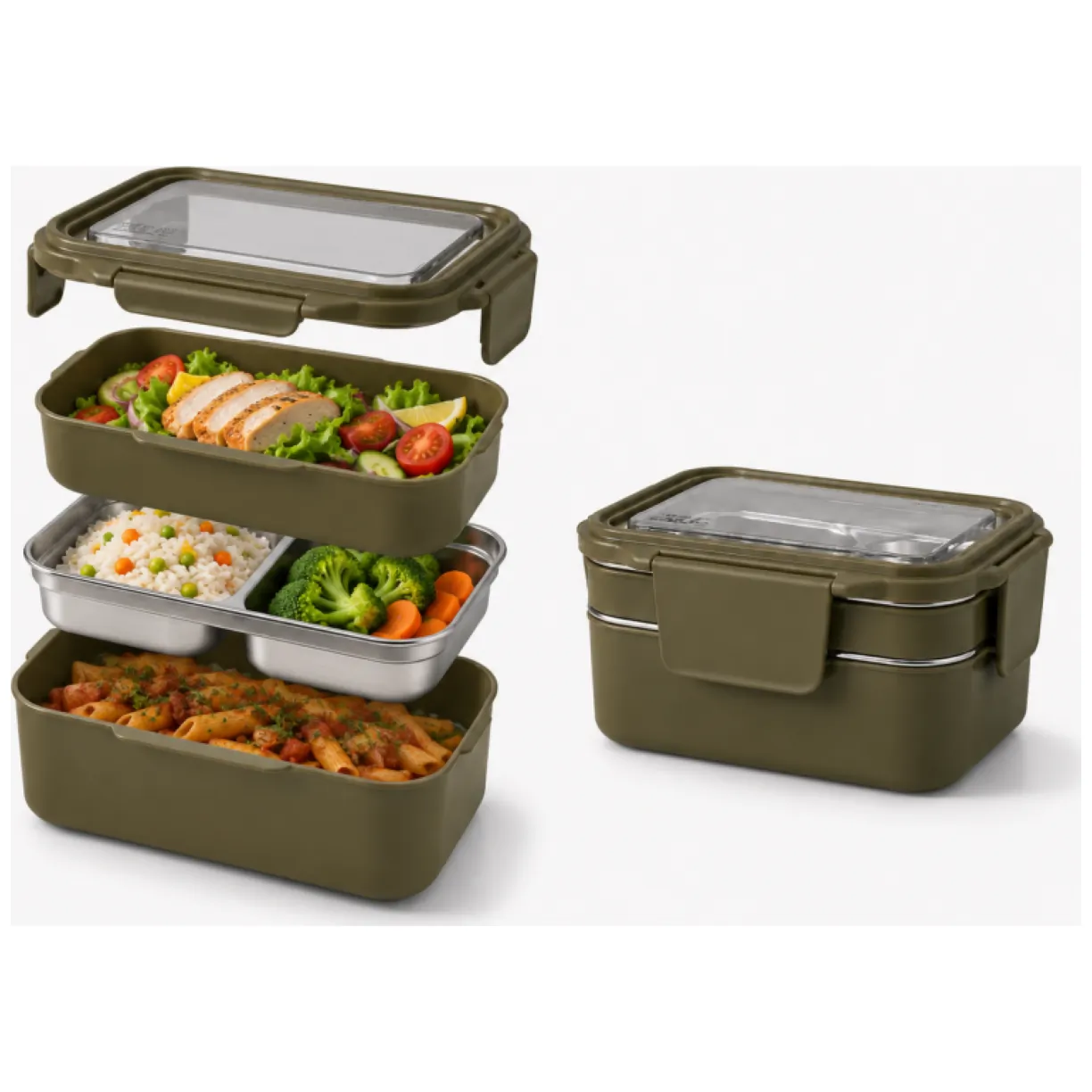 Śniadaniówka LUNCH BOX z widelcem, stal nierdzewna, 2 poziomy, zielony PJM50ZIE - obrazek 6