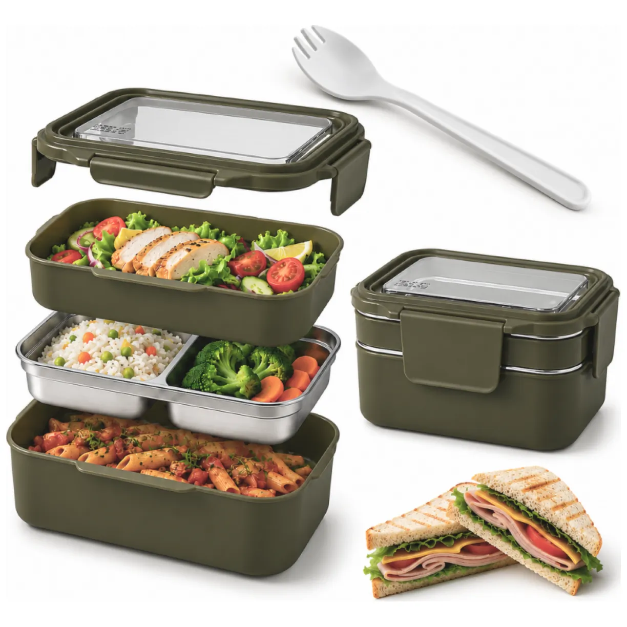 Śniadaniówka LUNCH BOX z widelcem, stal nierdzewna, 2 poziomy, zielony PJM50ZIE