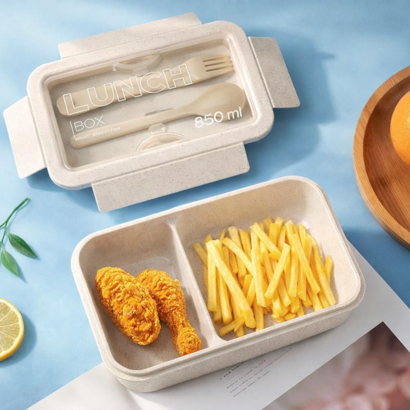 Lunch box, śniadaniówka ze sztućcami beżowy przegródki 850 ml PJM46 - obrazek 2