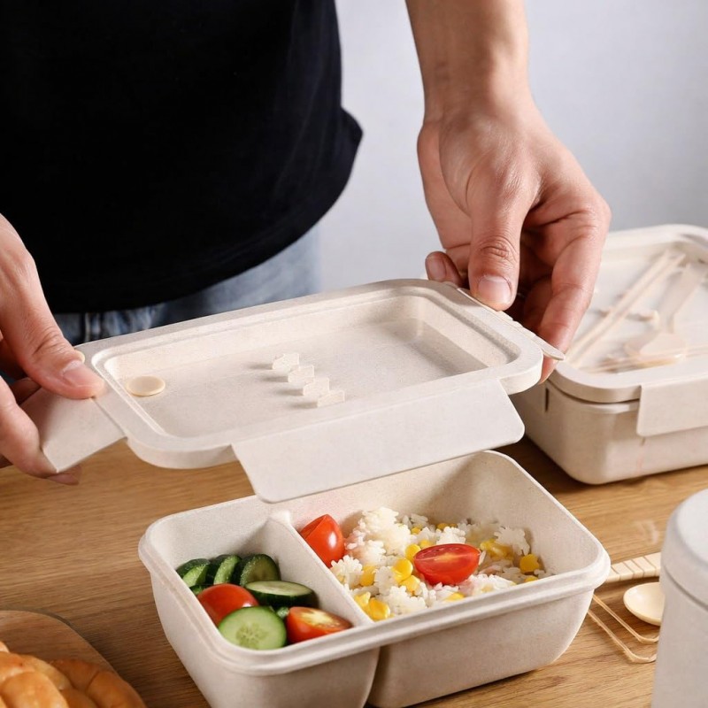 Lunch box, śniadaniówka ze sztućcami beżowy przegródki 850 ml PJM46 - obrazek 4