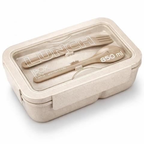 Lunch box, śniadaniówka ze sztućcami beżowy przegródki 850 ml PJM46