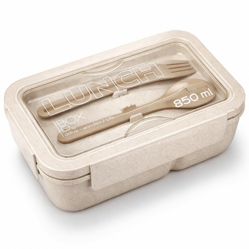 Lunch box, śniadaniówka ze sztućcami beżowy przegródki 850 ml PJM46